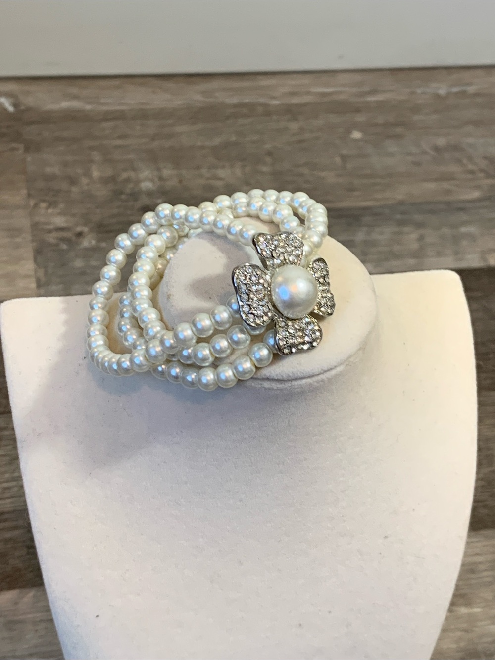 White Faux Pearl Multi-Strand Bracelet with Crystal Flower Accent